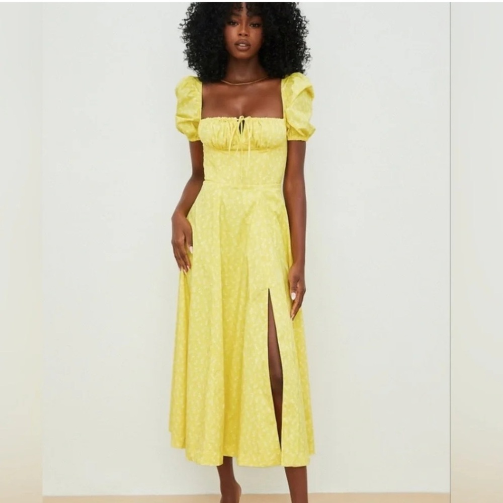 HOUSE OF CB 'Tallulah' Yellow Floral Puff Sleeve Midi Dress medium